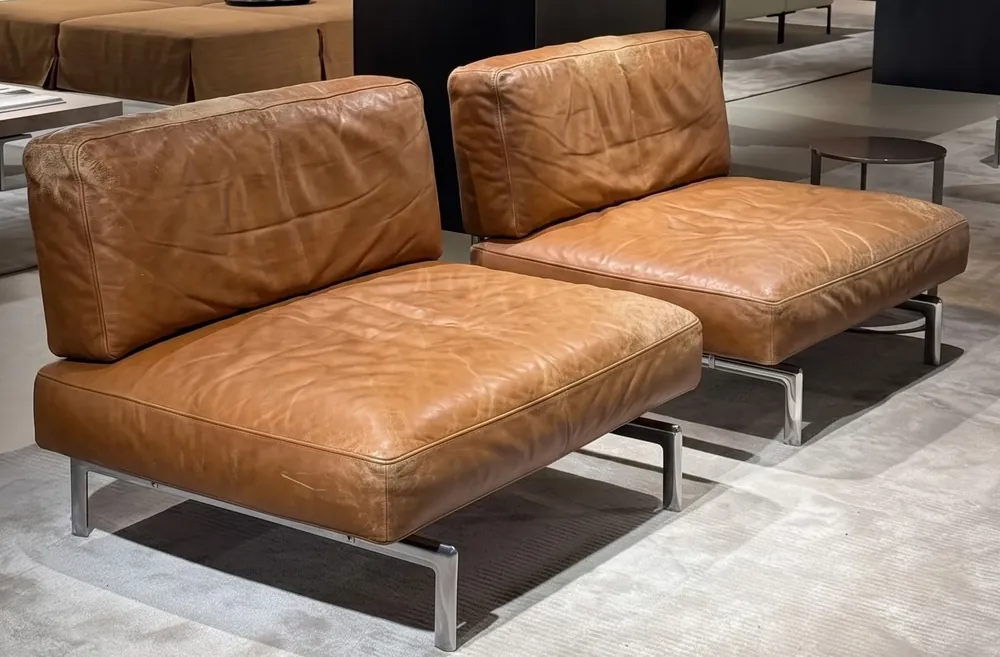Dry, dull tan leather sectional sofa before restoration
