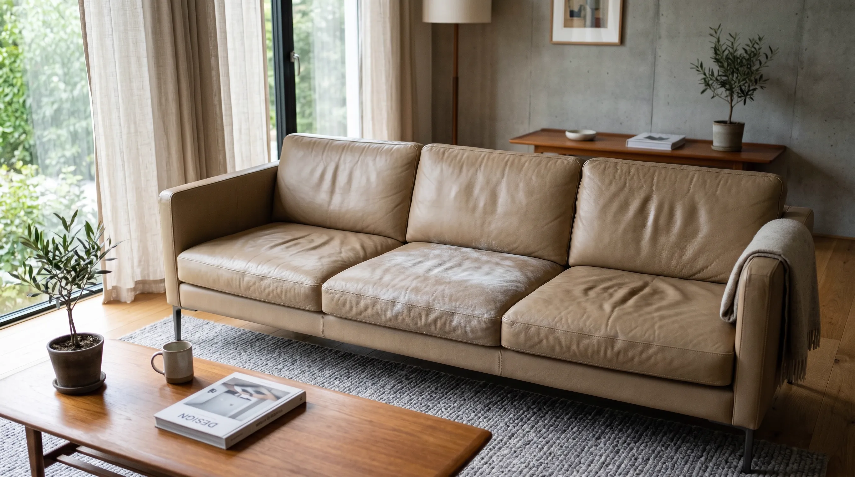 Baking soda damage on leather sofa surface - topcoat erosion