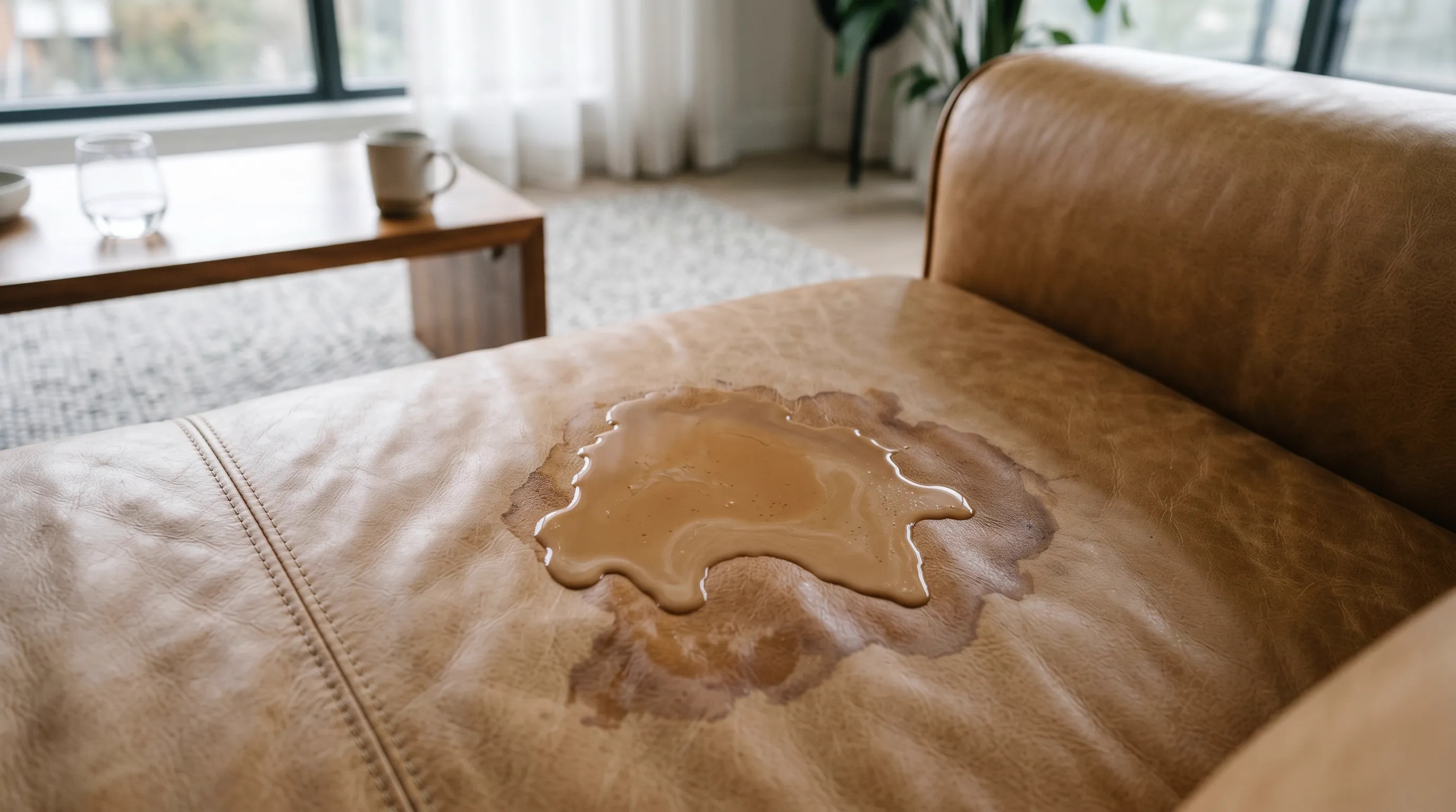 Chai tea spill stain on leather sofa surface