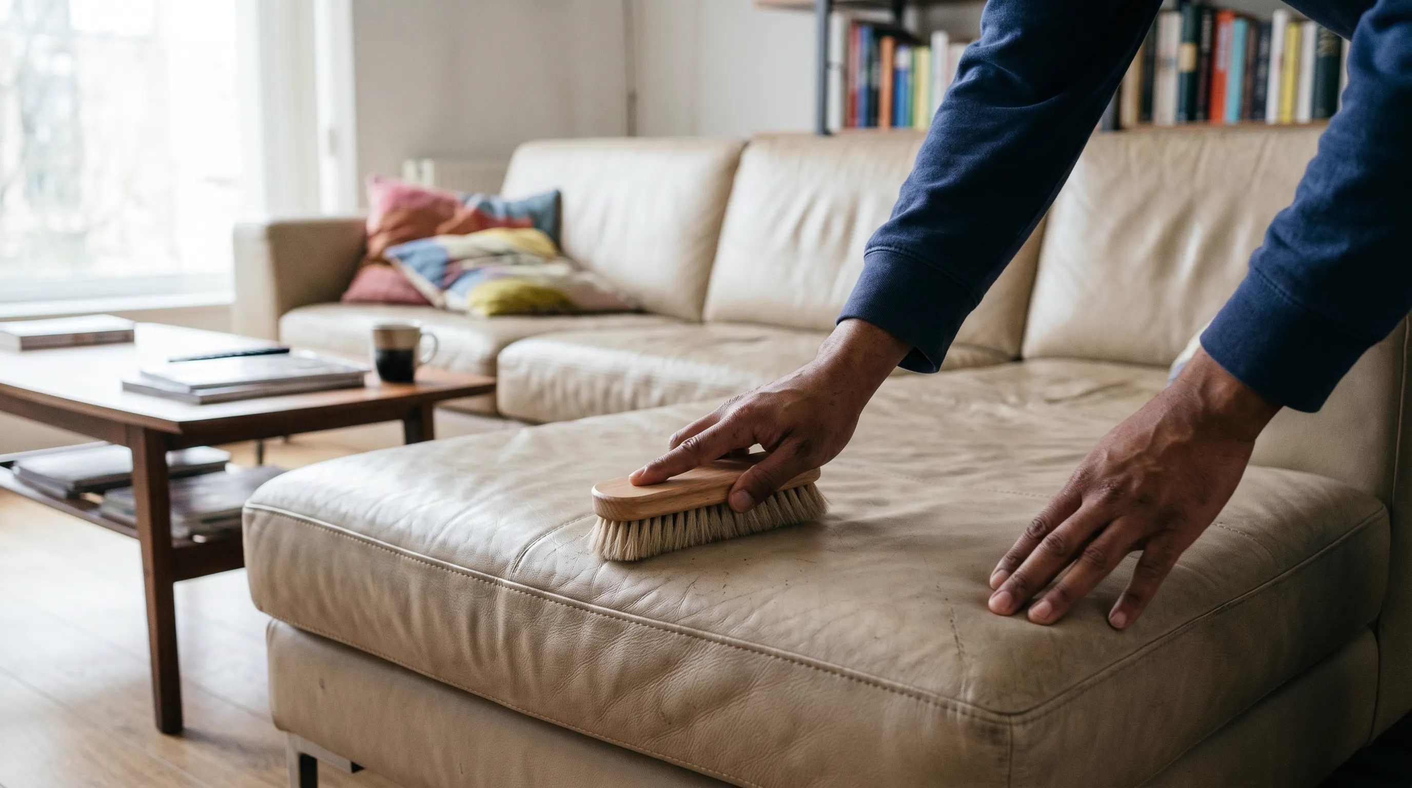 Cleaning dust from leather sofa seams with a soft bristle brush