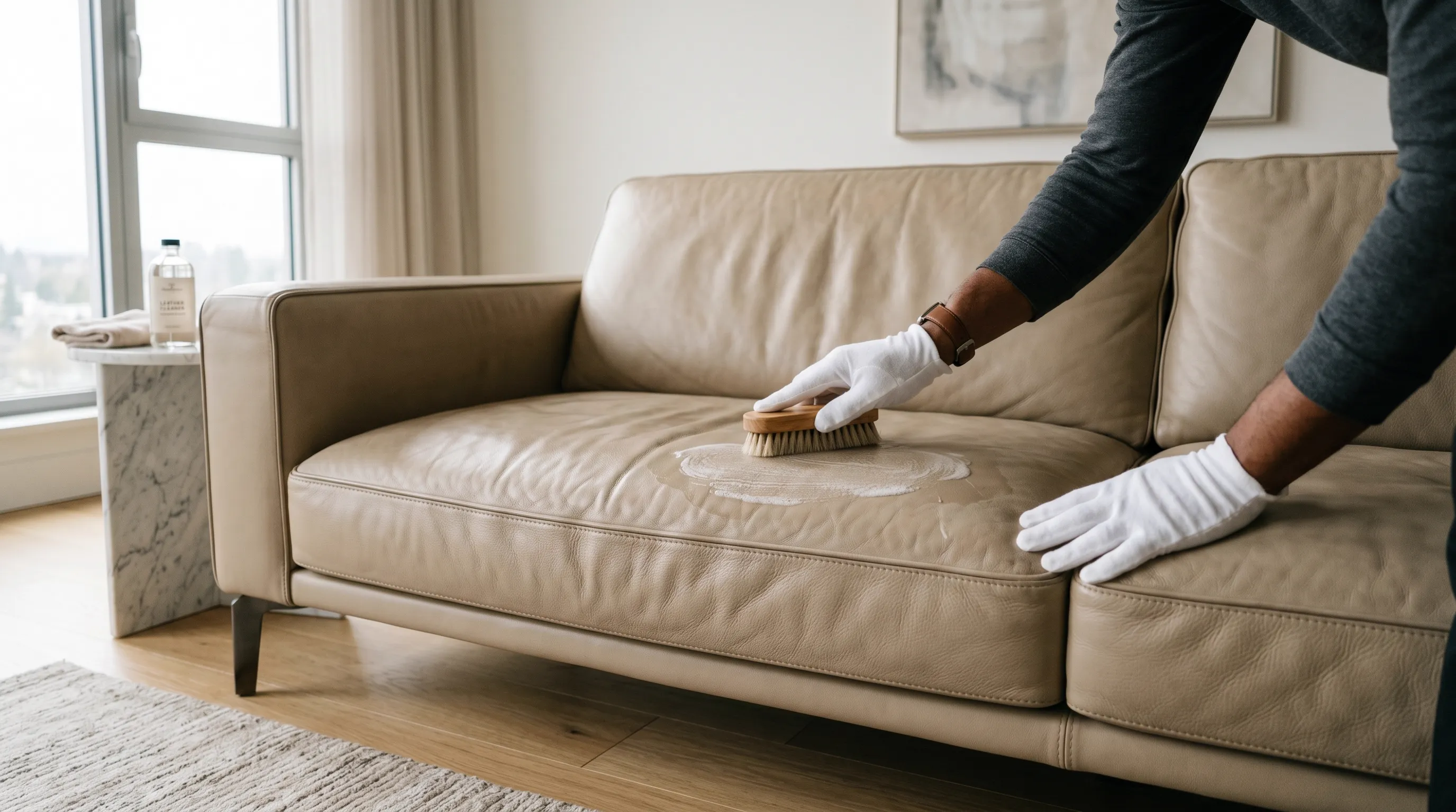 Foam leather cleaner applied to leather sofa seat with a soft brush