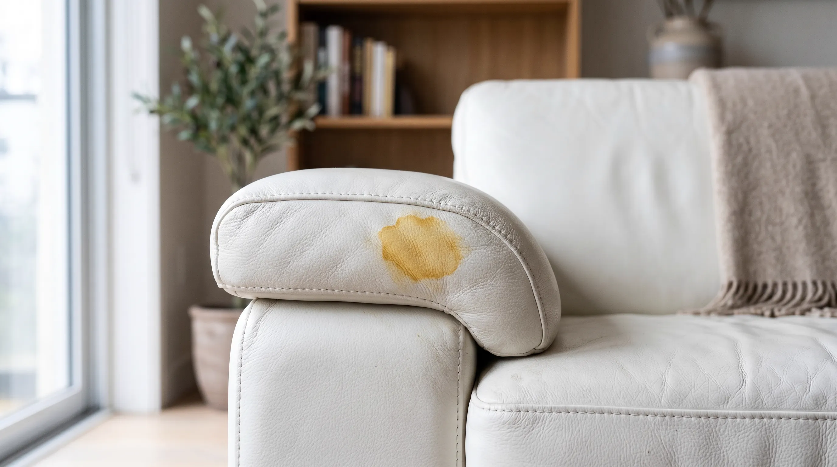 Haldi turmeric stain on white leather sofa surface