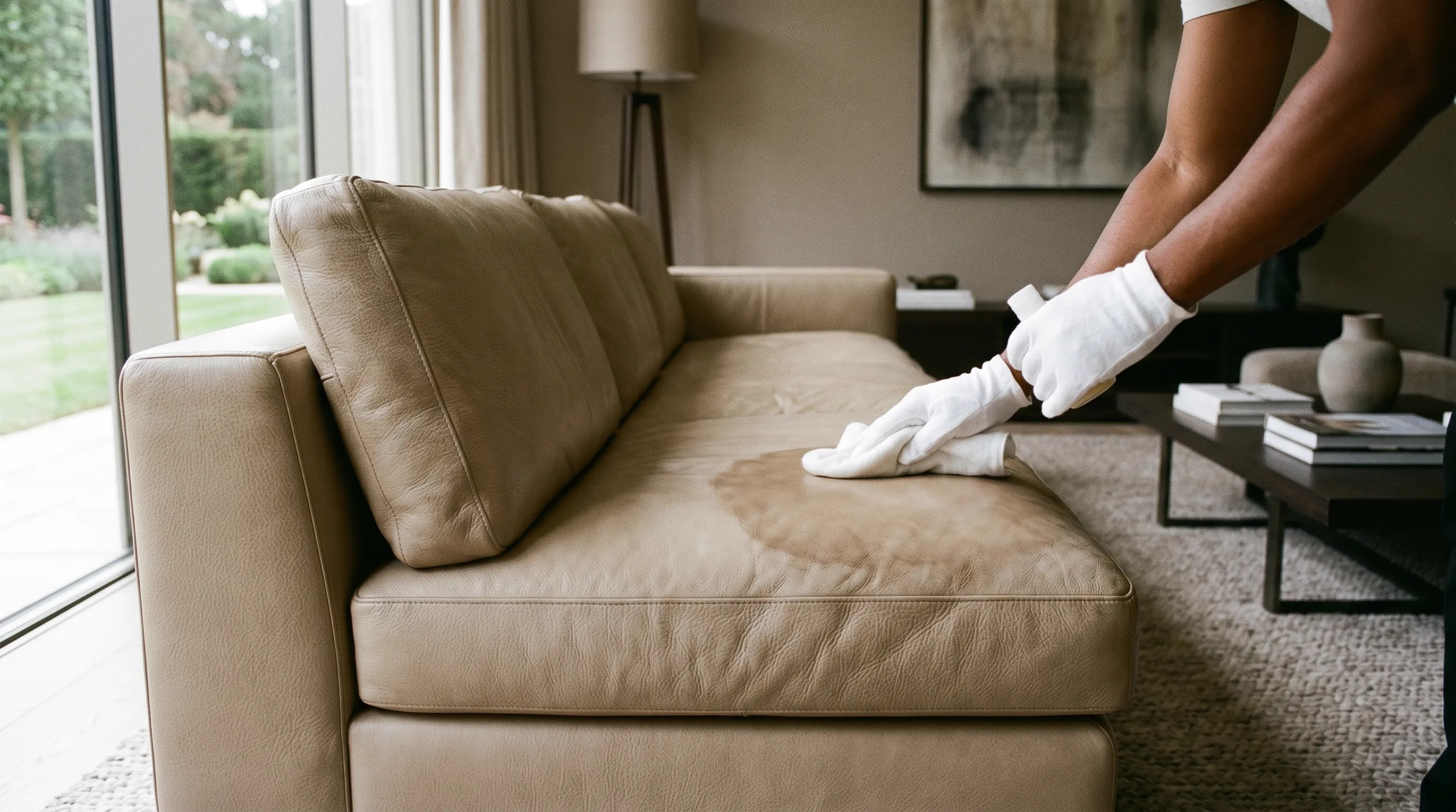 Leather conditioner being applied to leather sofa seat with a cloth