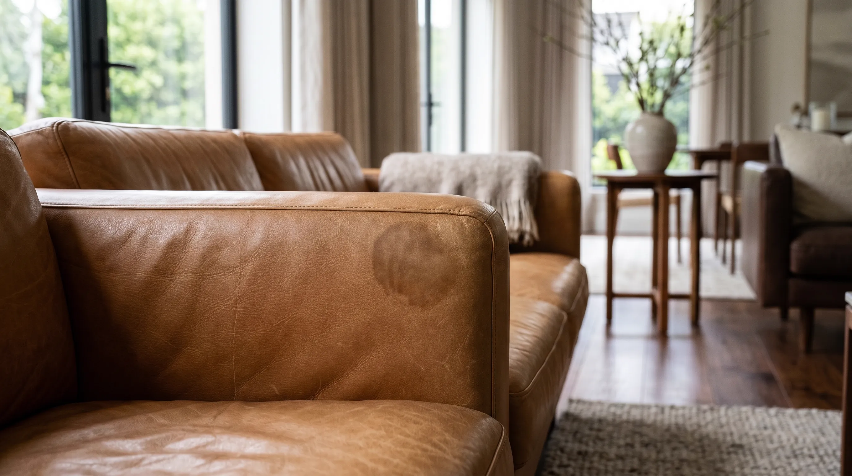 Cooking oil stain on leather sofa armrest