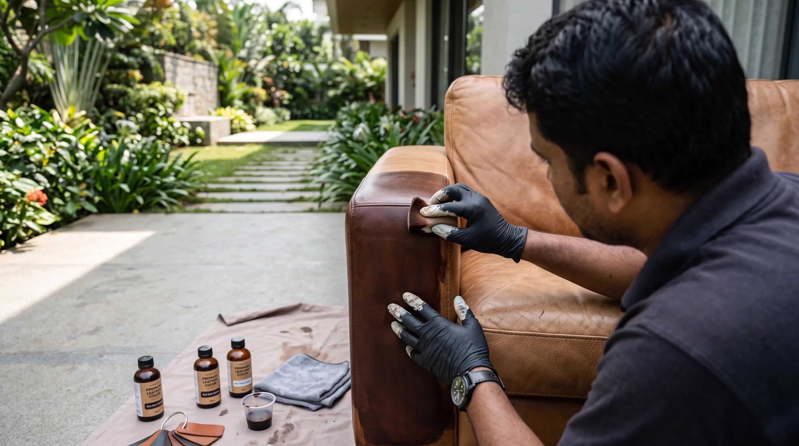 Hand-buffed satin sheen brought back on a humidity-dulled leather sofa in Kolkata