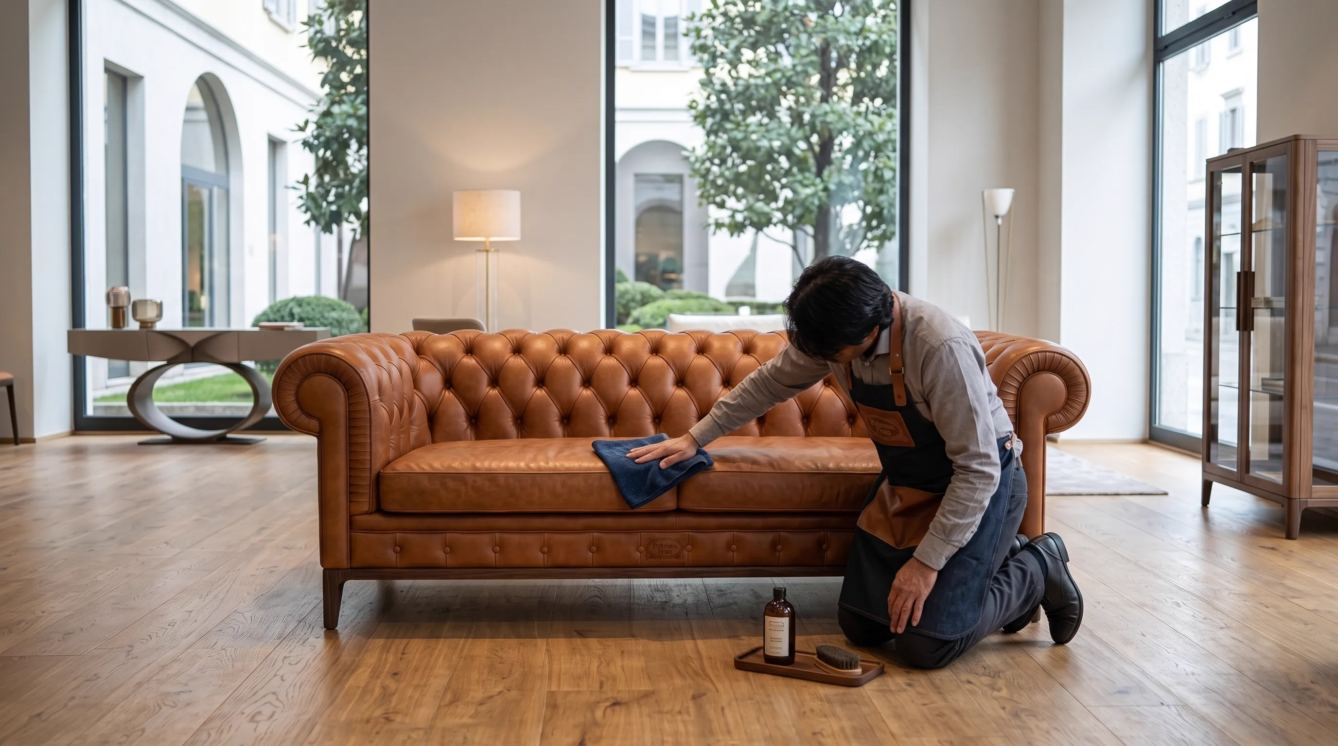 Hand-buffed finish restoration on genuine leather sofa