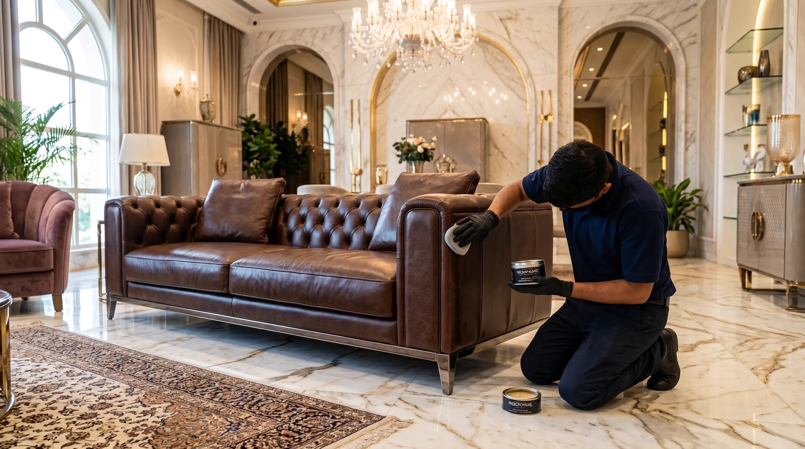 Leather sofa polishing detail - Gurgaon
